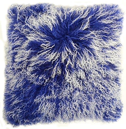 Image of SNUGRUGS Mongolian Long Curly Wool Sheepskin Cushion/Pillow & Cushion Inner - 40cm x 40cm - Blue with White Tip