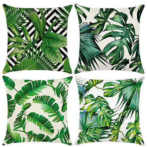 Image of Hongtellor Cushion Covers 45 x 45 cm，Set of 4 pillow cover Cotton and Linen Pillow case Cushion Covers for Sofa garden bed couch cushions(Leaf-4)