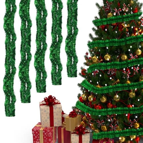 Image of Trimming Shop 10M Green Chunky Christmas Tinsel Garland Shiny Metallic Fine Foil Twist Xmas Tree Garland for Festive Party, Holiday Celebration, Indoor & Outdoor Hanging Decorations
