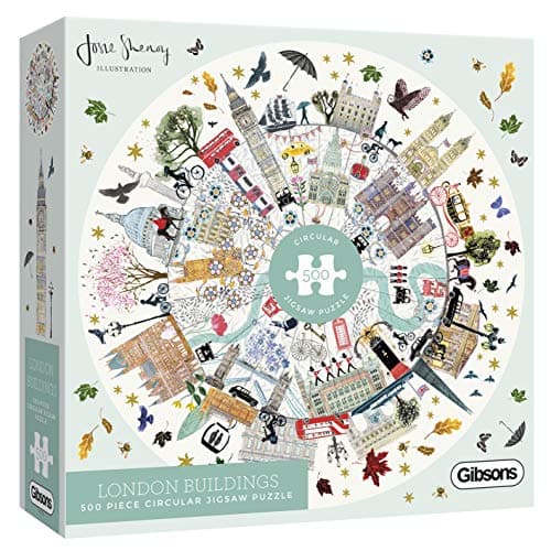Image of Gibsons London Buildings 500 Piece Circular Jigsaw Puzzle for Adults – Illustrated Skyline Artwork by Josie Shenoy – Iconic British Landmarks Design – Premium Sustainable Puzzle Made in the UK/EU