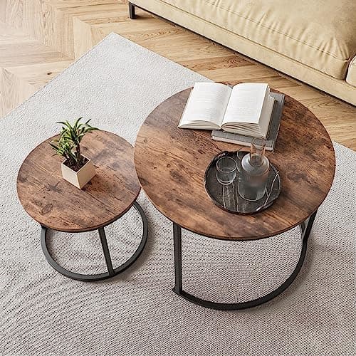 Image of HOJINLINERO Small Round Nesting Coffee Table Set of 2 with Metal Frame and Wood Top, Modern Stacking Side Table for Living Room, Bedroom, Office, Brown