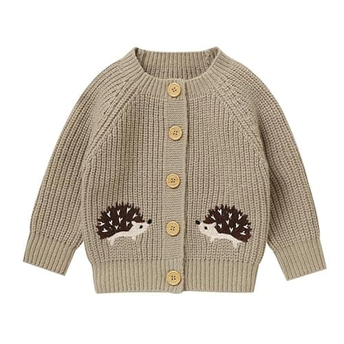 Image of LAWKUL Baby Toddler Cardigan Warm Sweater Long Sleeve Knitted Jacket Hedgehog Jumpers Coats Boy Girl Clothes Beige 6-9 Months