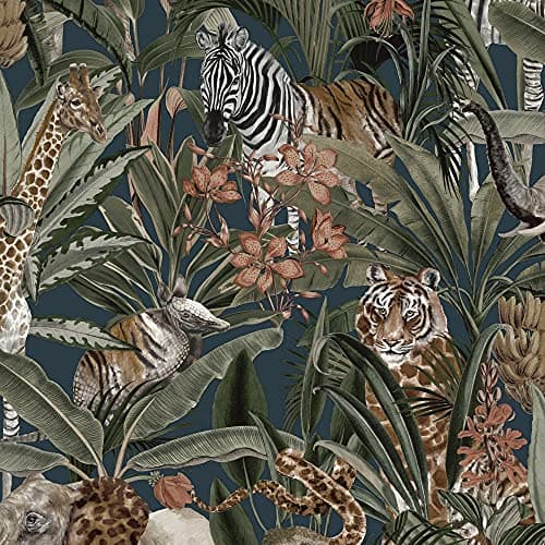 Image of Safari Animal Fusion Wallpaper Holden 13012 - Navy Blue/Green/Multi - Giraffes, Elephants and Tigers