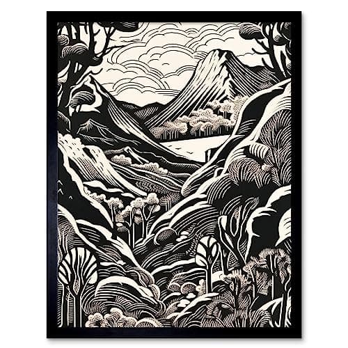Image of Artery8 Forest Mountain Landscape Black and White Linocut Art Print Framed Poster Wall Decor 12x16 inch