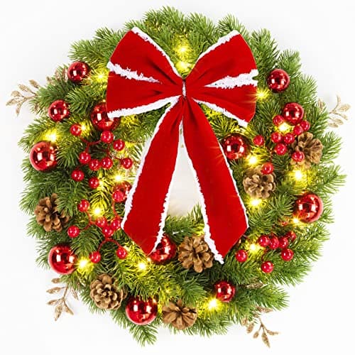 Image of Globalink Christmas Wreath with Lights, 40cm/16in Battery Christmas Door Wreath with 40 Led, Timer and 8 Mode, Artificial Light up Christmas Wreaths Decoration for Front door, Window, Fireplace, Wall