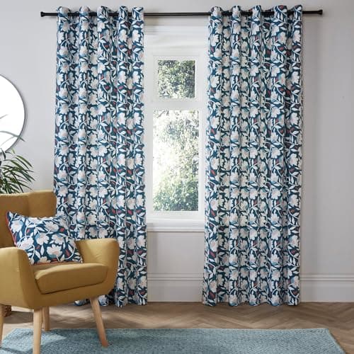 Image of Fusion - Teal Blue Floral Curtains W66 x L90" (168 x 229cm) - 2x Panels - 100% Cotton - Matching Cushion Available - Vintage Drapes in Teal - Flower Eyelet Curtains - Soundproof Curtains for Bedroom