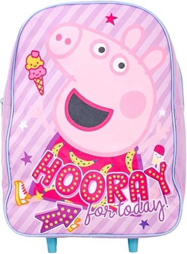 Image of GIFTIDEAZZ Kids Wheeled Trolley Backpack - Foldable Suitcase Rucksack with Favorite Character Designs - Travel Carry-on Luggage for Children (Standard Peppa Pig Hooray for Today Trolley)