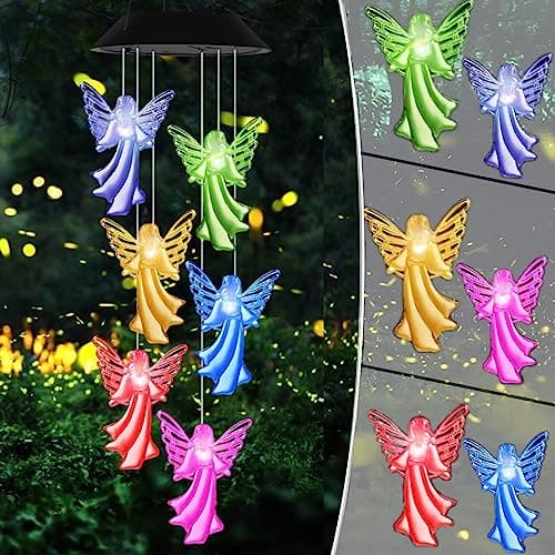 Image of Gerhannery LED Solar Wind Chime Light Mother's Day Gifts Present Spiral Spinner Color Changing Garden Lamp Waterproof Outdoor Decorative Romantic for Patio Yard Garden with Hook (Round) (Angel)
