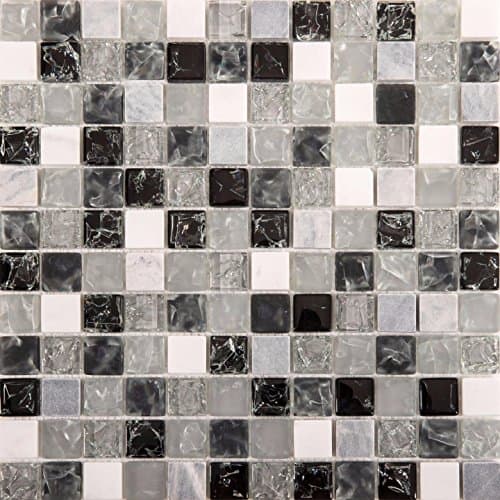 Image of Black & Grey Crackled Glass & Stone Mixed Bathroom Kitchen Mosaic Tiles Sheet (MT0152) (1 Sheet)