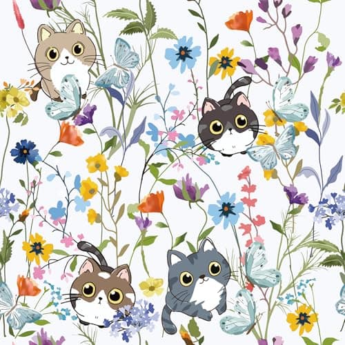 Image of DacaiCloth Cute Cat Floral Peel and Stick Wallpaper, Self-Adhesive,Removable Wallpaper Wall Stickers for Home Bedroom Cabinets Thicken,17.3 x 118 inches