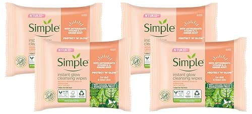 Image of Simple Protect ‘N’ Glow Instant Glow Biodegradable Wipes dermatologically tested for sensitive skin 20 wipes (Pack of 4)