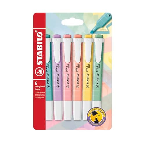 Image of STABILO swing cool Pastel - Highlighter - Pack of 6 - Touch of Turquoise, Hint of Mint, Creamy Peach, Pink Blush, Milky Yellow, Lilac Haze