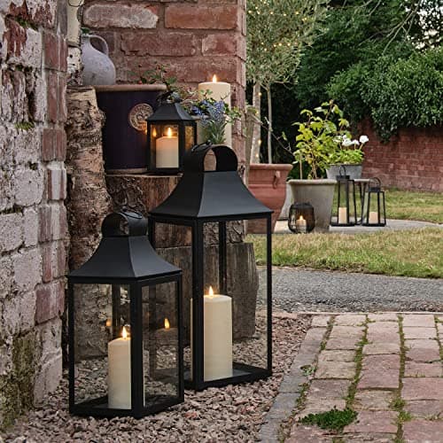 Image of Lights4fun Set of 3 Outdoor Garden Classic Black Metal Decorative Lanterns with TruGlow® LED Candles Battery Operated with Timer