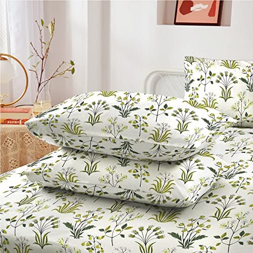 Image of RAYBedding 2 Pack Pillowcase 100% Egyptian Cotton Pillow Covers 400 Thread Count Floral Printed Fern Green Pillow Cases 2 Pack