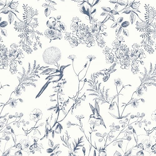 Image of Yomshi Peel and Stick Wallpaper White and Blue Self Adhesive Wallpaper Floral 44×300cm Bird Floral Botanical Stick on Wallpaper Waterproof Vinyl Wall Covering Decorative Film for Bedroom