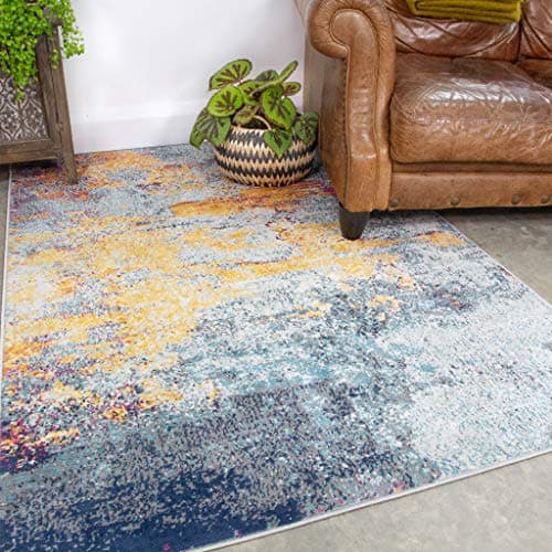 Image of Teal Blue Ochre Mottled Rug Distressed Abstract Boho Terracotta Orange Living Room Area Bedroom Rugs 120cm x 170cm