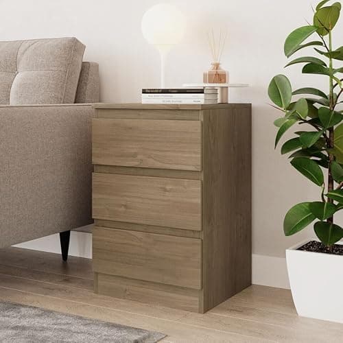 Image of URBNLIVING 62cm Height 3 Drawers - Bedroom Storage Cabinet with Smooth Metal Runner - Modern Chest of Drawers Dresser Bedside Table for Bedroom Living Room Office Hallway (Oak Set)