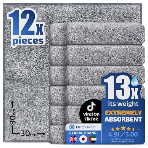 Image of NeoLavish® Microfibre Cleaning Cloth - 12 Pack | Thick, Super Plush Absorbent Towel | Lint-Free Kitchen Cloths for Dishwashing, Dusting, Surfaces, Home | Fast Dry & Reusable Clothes, 30x30 cm