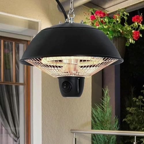 Image of DWD® 600W Electric Compact 10 Inch Patio Heater Ceiling Hanging Carbon Fibre Halogen Light with Adjustable Hook Chain Black Aluminum Frame Matt Black 30% more efficient than others, Gazebo, Balcony