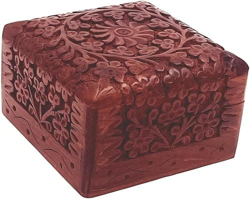 Image of Dugan Wood Hand Carved Decorative Keepsake Box | Jewelry, Trinket & Treasure Storage Chest | Travel Organizer & Unique Gift for Men & Women | 4 x 4 x 2.5 Inch