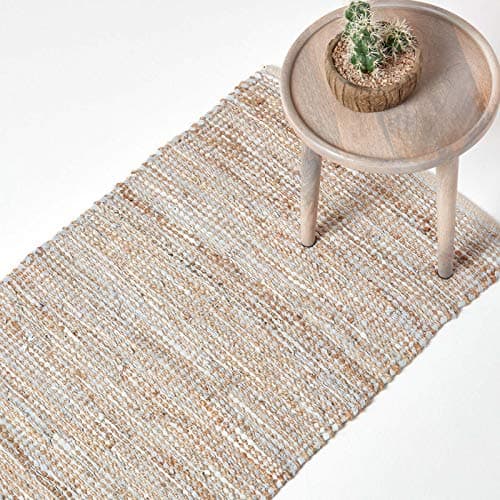 Image of HOMESCAPES Leather Runner Rugs for Hallway, Natural Handwoven Madras Leather Hemp Rug, 100% Recycled & Planet Friendly, Large Natural Beige Grey Carpet for Bedroom, Hallway & Kitchen, 60 x 200cm