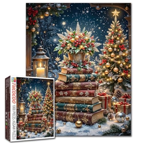 Image of Christmas Books and Tree Jigsaw Puzzle for Adults Students 1000 Pieces Holiday Winter Scene Candles Gifts Baubles and Pinecones Snowy Night Festive Home Decor Calm Activity 20×27 Inches Fun Puzzles