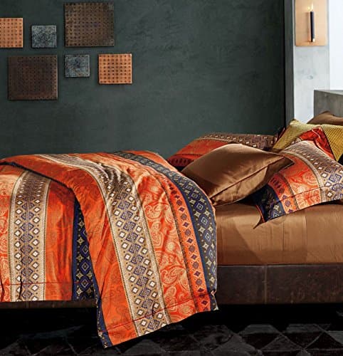 Image of Eikei Bohemian Duvet Cover Striped Ethnic Boho Reversible Southwestern 400TC Cotton King Size Bedding 3pc Set Navy White Orange Modern Geo Aztec Print (King)
