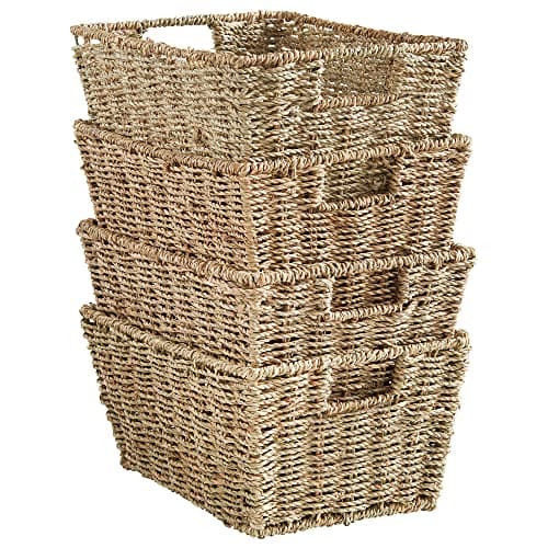 Image of VonHaus Seagrass Storage Baskets, Set of 4 Hand-Woven Display Hampers - Bathroom Storage Baskets for Shelves - Nesting Natural Woven Seagrass Organiser w/Handles for Bedroom & Home Office