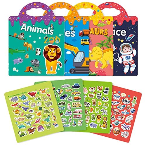 Image of GUYUCOM 4 Pack Reusable Sticker Books, Toys for Age 3 4+ Year Old Kids Boys Girls Toddlers, 3D Clear Animal Space Vehicles Dinosaur Sticker Book Educational Learning Toy Birthday Gifts