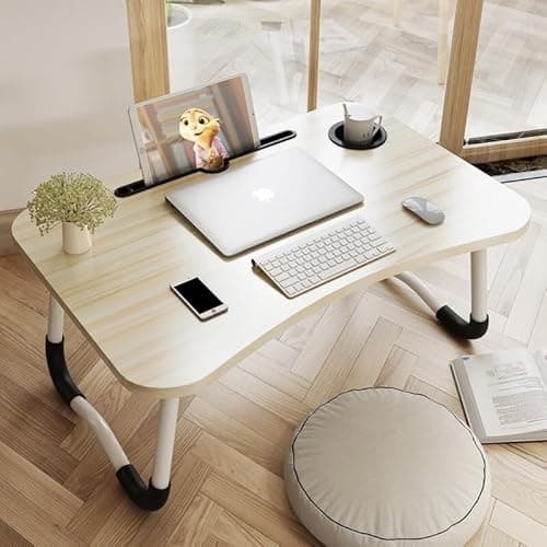 Image of Laptop Bed Table Lap Standing Desk, Sofa Breakfast Bed Tray Folding Laptop Lap Desk Cup Holder Notebook Stand Legs 60 * 40 * 26cm (White)