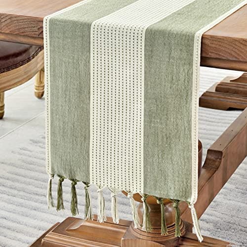 Image of Wracra Cotton Linen Sage Green Table Runner 120cm Long with Hand-tassels, Macrame Table Runner for Holiday Parties and Everyday Use(Sage Green, 120cm)