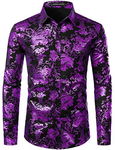 Image of PARKLEES Men's Luxury Paisley Gold Shiny Printed Stylish Slim Fit Button Down Dress Shirt PZLCL18 Black Purple XL