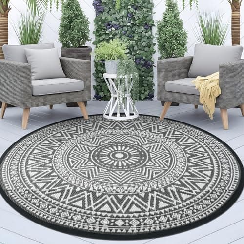 Image of IMIYOKU Garden Rugs Outdoor 150cm Round Grey Rug for Patios Waterproof Reversible Boho Mats Lightweight Plastic Outdoor Area Rug for RV, Balcony, Beach, Backyard, Picnic, Porch, Deck