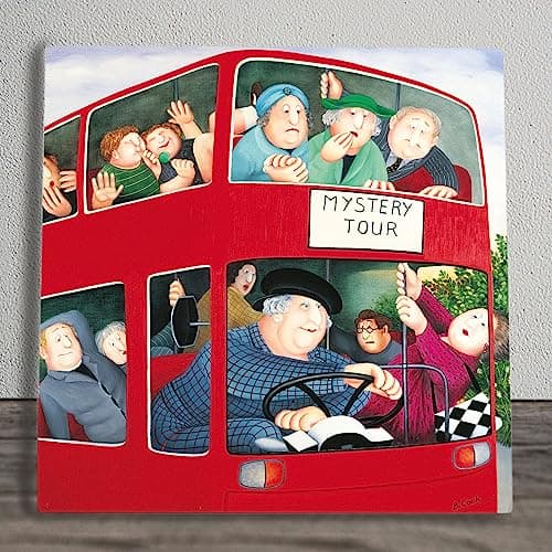 Image of Global Designs Mystery Tour Ceramic Tile Picture Plaque Sign London Bus Wall Art By Beryl Cook UV Printed Artwork 20x20cm