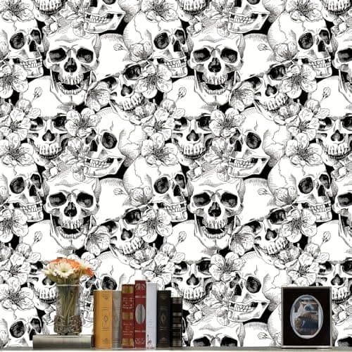Image of Self Adhesive Wallpaper, 44.5 x 500 cm Black and White Skulls and Flowers Wallpaper Halloween Peel and Stick Wall paper Skull Self Adhesive Furniture Wrap for Living Room,Bathroom,Cabinets,Kitchen