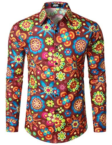 Image of JOGAL Mens Regular fit Floral Dress Shirt Long Sleeve Printed Casual Button Down Shirts WineredYQ Large