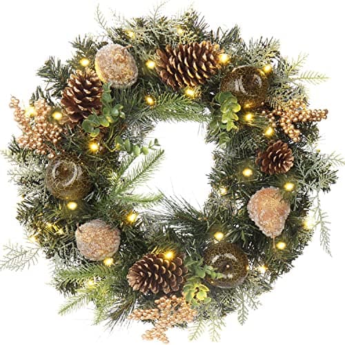 Image of Oairse 51cm/20inch Christmas Wreath for Front Door Large Artificial Wreath with 30 LED Light, Pear, Pine Cones and Berries, Door Wreaths for Christmas Decorations Thanksgiving Xmas Ornament