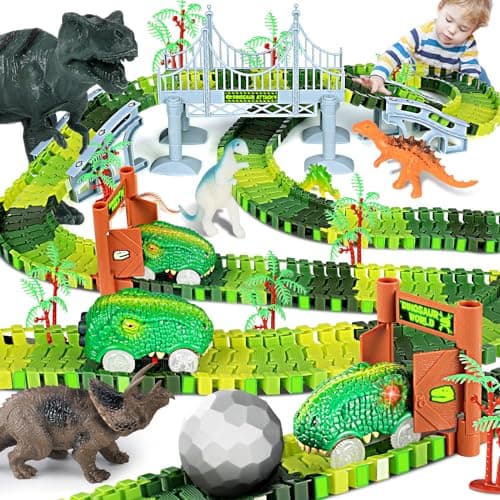 Image of Dinosaur Toys for 3 4 5 6 7+ Year Old Boys Girls,208 PCS Dinosaurs Race Track Flexible Track Set Create A Dinosaur Games World Road Gifts for 3 4 5 Year Old Boys Birthday (208)