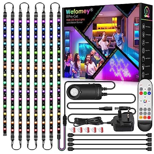 Image of Wefomey RGB Under Cabinet Strip Lights Kit, 8PCS*50cm Motion Sensor LED Strip Lights with Remote, 12V Flexible LED Lighting Strips for Kitchen, Shelf, Cupboard, TV, Desk