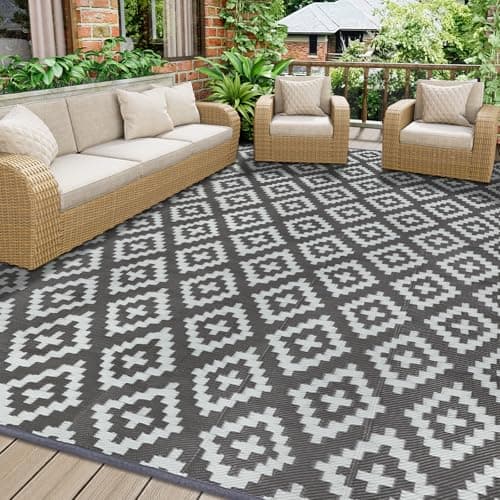 Image of Homcomodar Outdoor Rug 180x270cm Grey Garden Rug Outdoor Waterproof Patio Rugs UV Resistant Camping Mat Plastic Straw Rugs for Patio Balcony Beach BBQ Picnic Deck