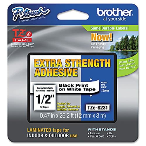 Image of Brother TZe-S231 Labelling Tape Cassette, Black on White, 12mm (W) x 8M (L), Strong Adhesive, Brother Genuine Supplies