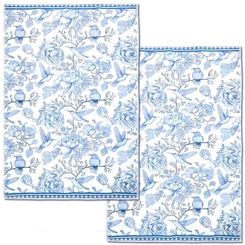 Image of Quilax 2Pcs Chinoiserie Floral Decorative Kitchen Towels, Blue White Flowers Bird Dish Towels, Kitchen Hand Towel for Bathroom Farmhouse Cooking Baking Cleaning