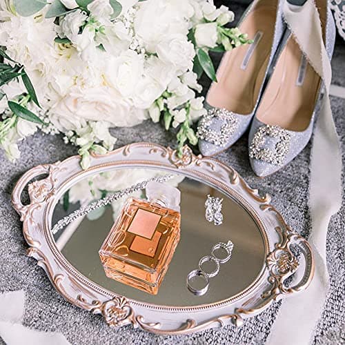 Image of LZYMSZ Decorative Mirror Tray, Vintage Oval Display Tray for Perfume, Makeup, Jewelry, Cosmetic Tray, Serving Tray for Dressing Room, Bedroom, Living Room,Grey Gold