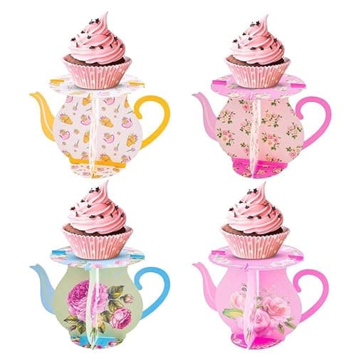 Image of Vintage Tea Party Decorations - Victorian Style 8 Piece Cake Stands Set for Afternoon Tea, Bridal Shower & Garden Parties - Eco-Friendly Paper Decor (Blue/Pink/Yellow)