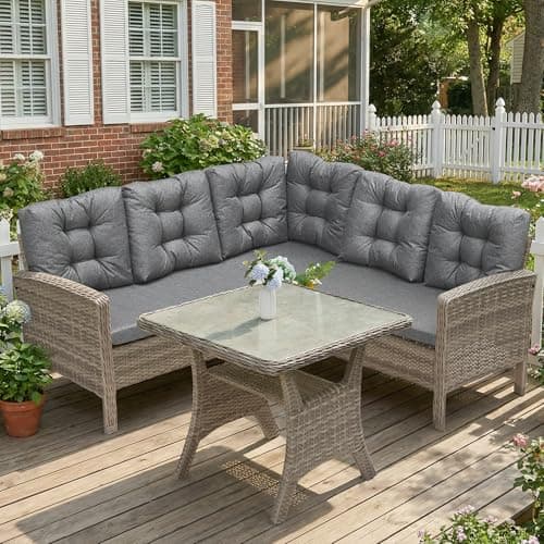 Image of COMLAX FIELD Rattan Garden Furniture, Dining Table Set & 5 Seater Corner Sofa, L Shaped Outdoor Sofa with Thick Cushion, Weatherproof PE Rattan Wicker for Patio Outdoor Backyard Conservatory, Grey