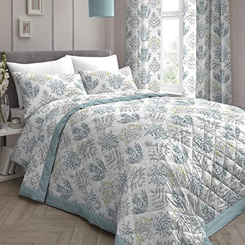 Image of Dreams & Drapes - Duck Egg Floral Fern Bedspread (230cm X 195cm) - Reversible Design - Botanical Leaf Quilted Bedspreads in Duck Egg - Floral Blanket/Bed Cover for Bed - Matching Duvet Cover Available