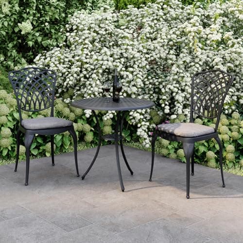 Image of CHARLES BENTLEY Cast Aluminium Bistro Round Table And 2 Chairs Set, Black, Outdoor Table, with Dark Grey Cushions, Garden, Patio, With Central Hole For Parasol, Weatherproof, Armchairs (70x70x68cm)