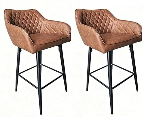 Image of Requena Pair of Bar Stools with Leatherette Upholstered Seat, Armrest & Backrest, Black Metal Legs, for Kitchen and Breakfast Bar (BAR01, Leather-Brown-1)