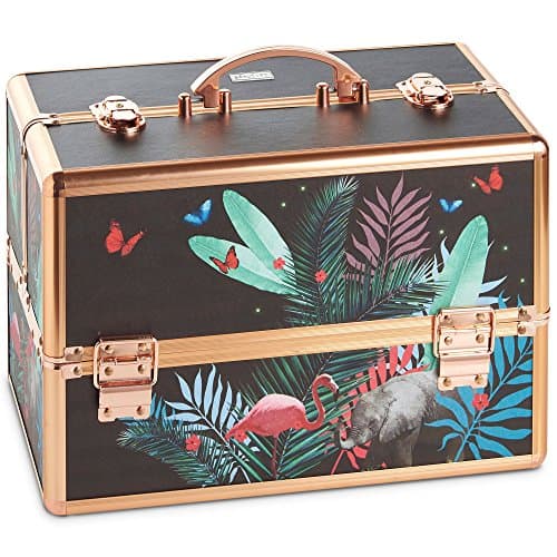 Image of Beautify Make Up Vanity Case, Travel Jungle Print 3 Tier Makeup Box w/Extendable Trays, Spacious Storage & Removable Dividers to Create Compartments, Lockable Makeup Vanity Case for Professionals