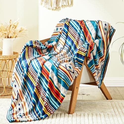 Image of Qucover Fleece Throw Blanket 150x200cm, Ultra Soft Boho Double Sofa Bed Throws, Blue Stripe Blanket for Bed Couch Armchair Cover, Decorative Warm Lightweight Aztec Sofa Throws for All Seasons